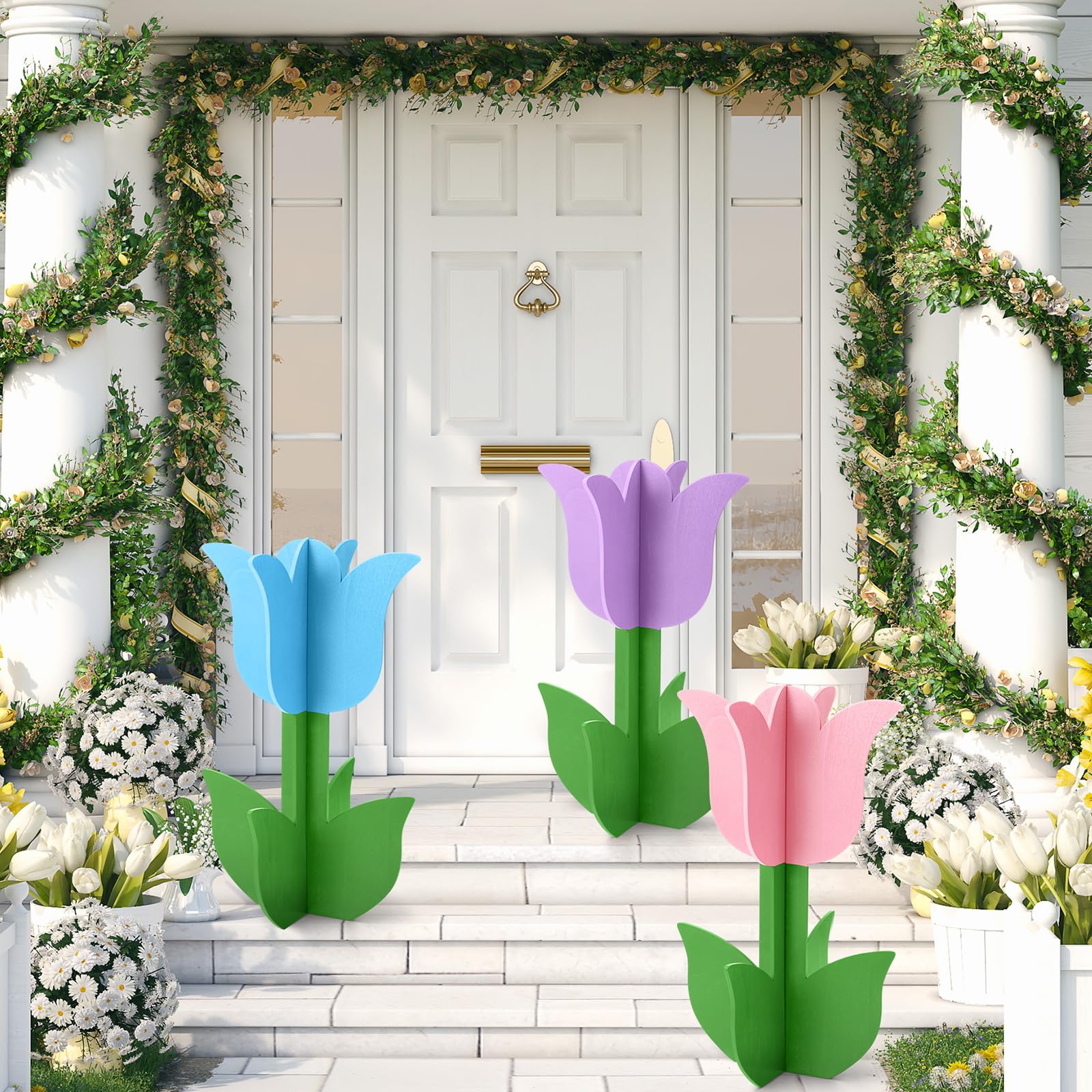 Vercraft spring patio decor tulips create a festive focal point outdoors.