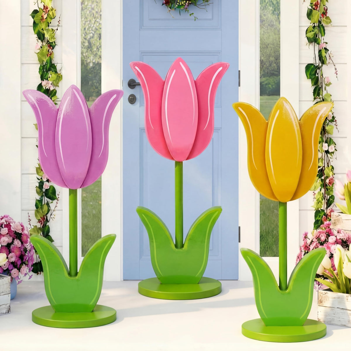 Vercraft spring tulip yard signs for front door with colorful wood texture.