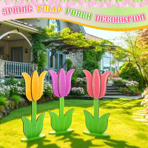 Vercraft three-piece wooden tulip yard sign set for outdoor decor.
