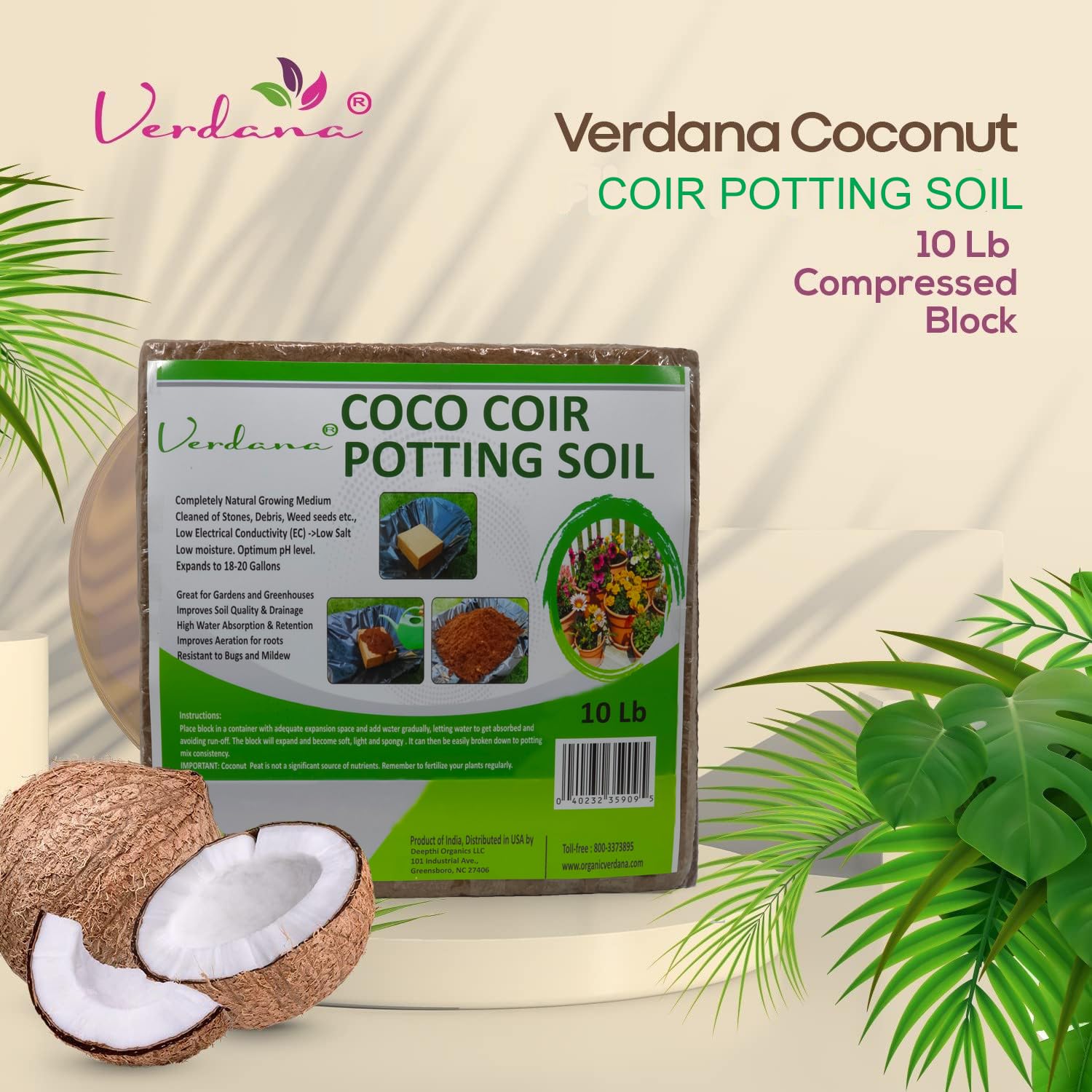 Verdana Coco Coir Brick provides lightweight, mess-free container gardening mix.