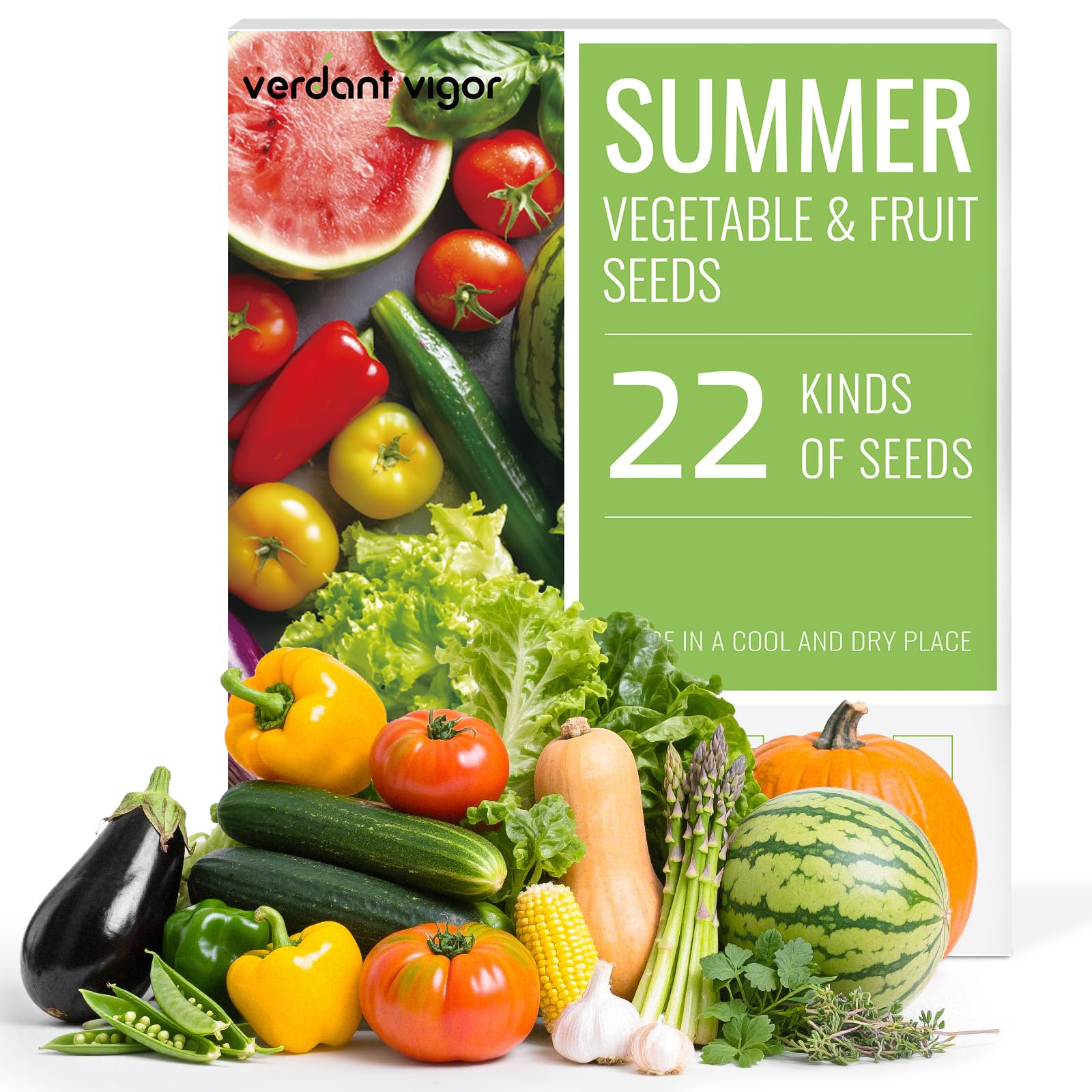 Verdant Vigor 22 seed pack with variety labels for diverse summer harvest possibilities.