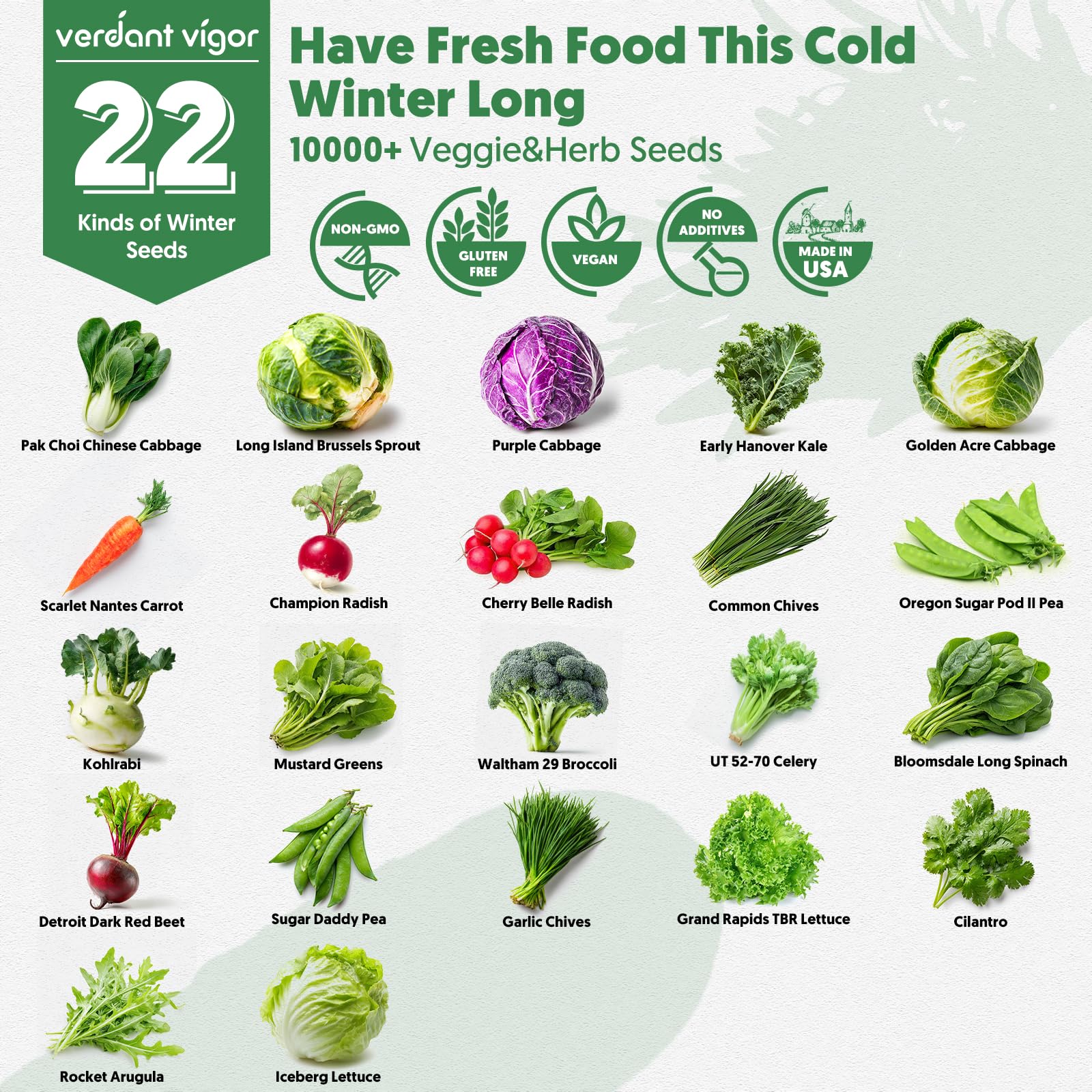 Verdant Vigor 22-varieties label highlights heirloom, non-GMO seeds for home gardens