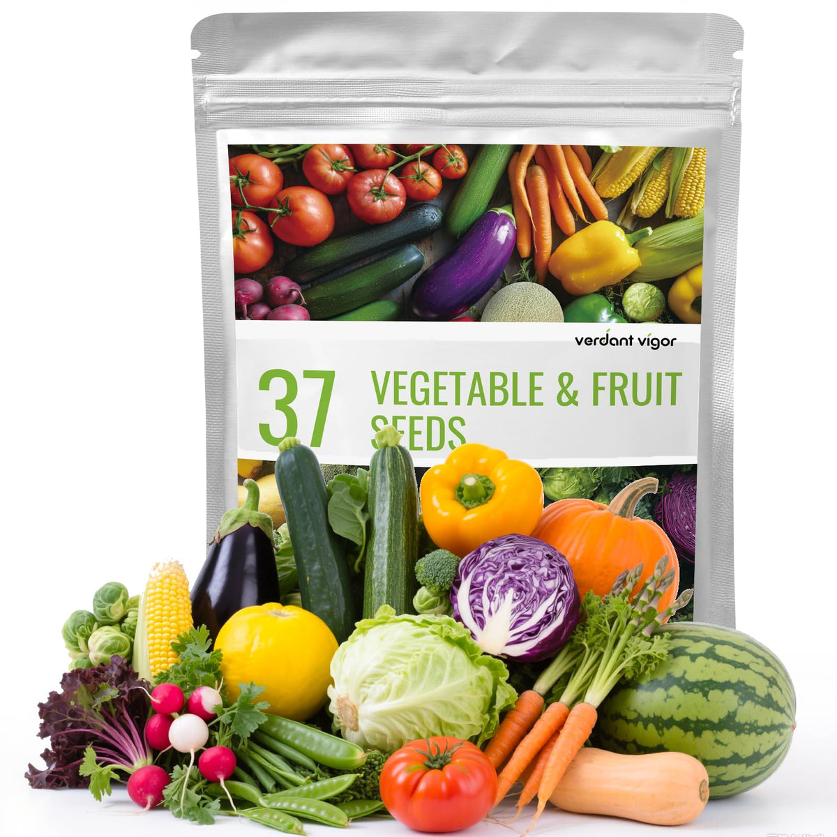 Verdant Vigor seed kit front cover with 37 varieties for year-round gardening.
