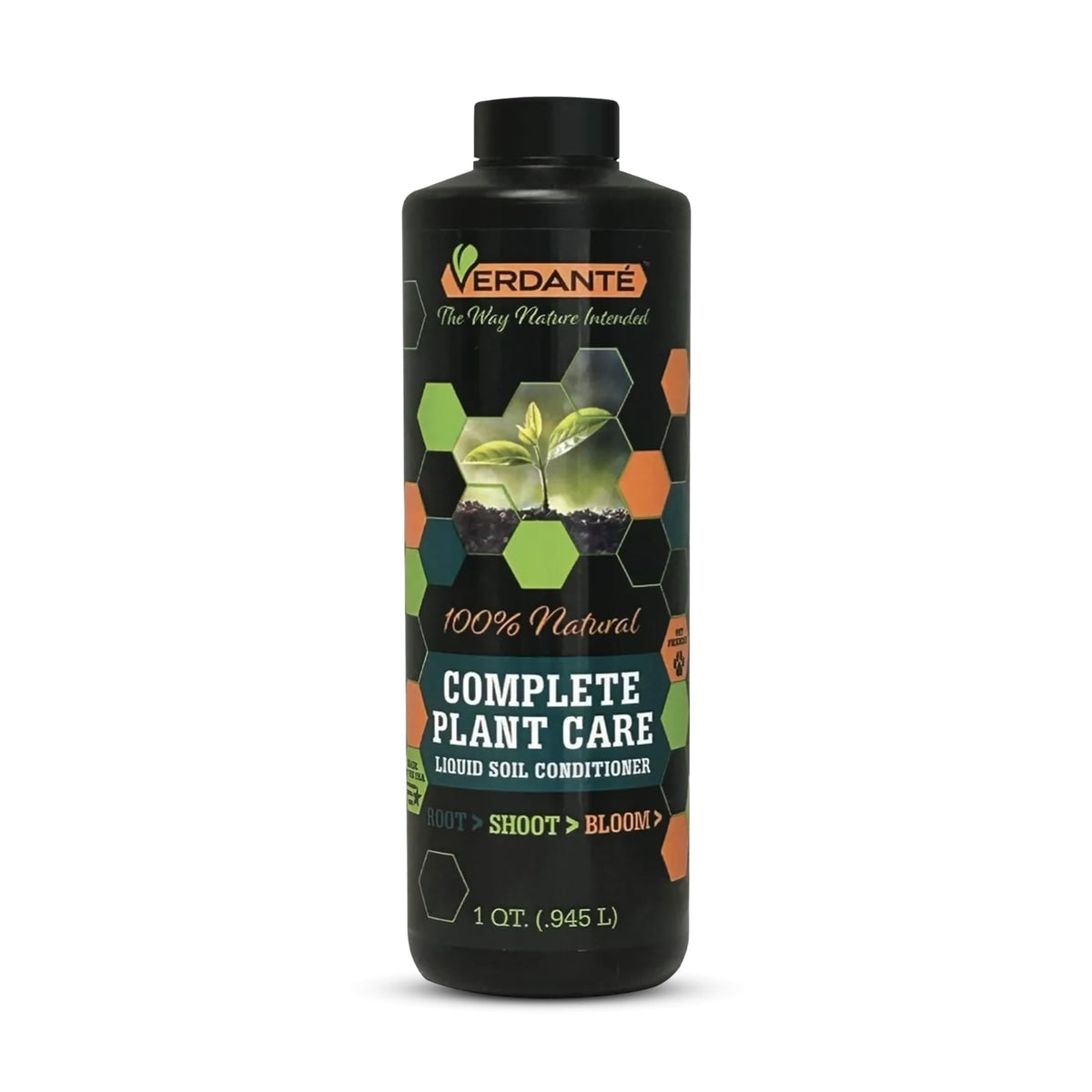 VERDANTÉ Complete Plant Care Liquid bottle for easy pour boosts nutrient delivery to soil.