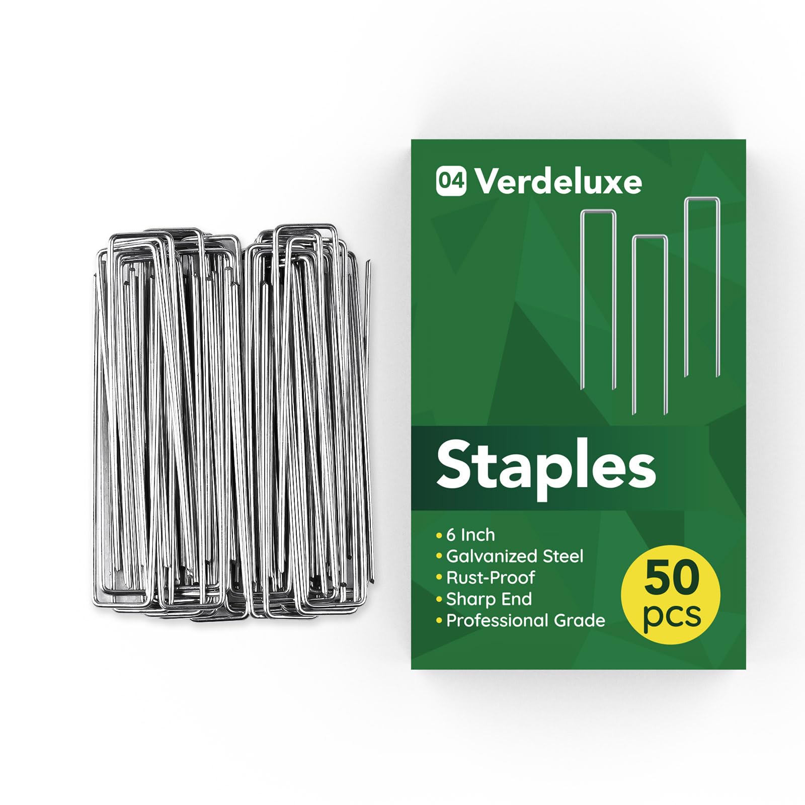 Verdeluxe 50-pack garden staples secure plastic, fabric, or decor for lasting outdoor setups.