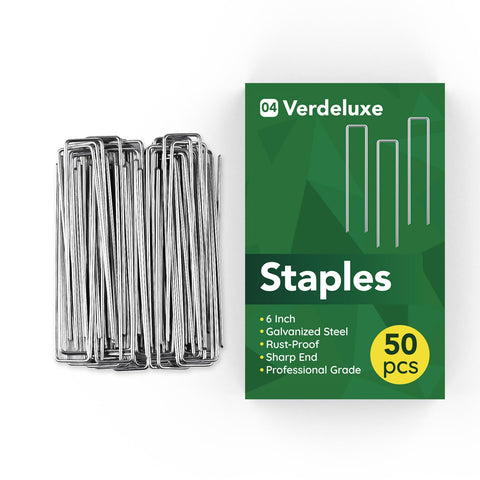 Verdeluxe 50-pack garden staples secure plastic, fabric, or decor for lasting outdoor setups.