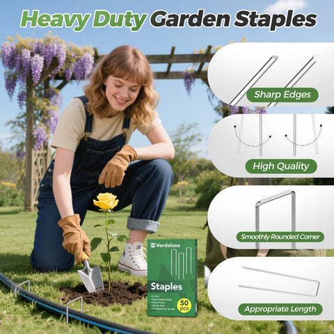 Verdeluxe U-shaped stakes hug material, preventing slippage in wind or rain.