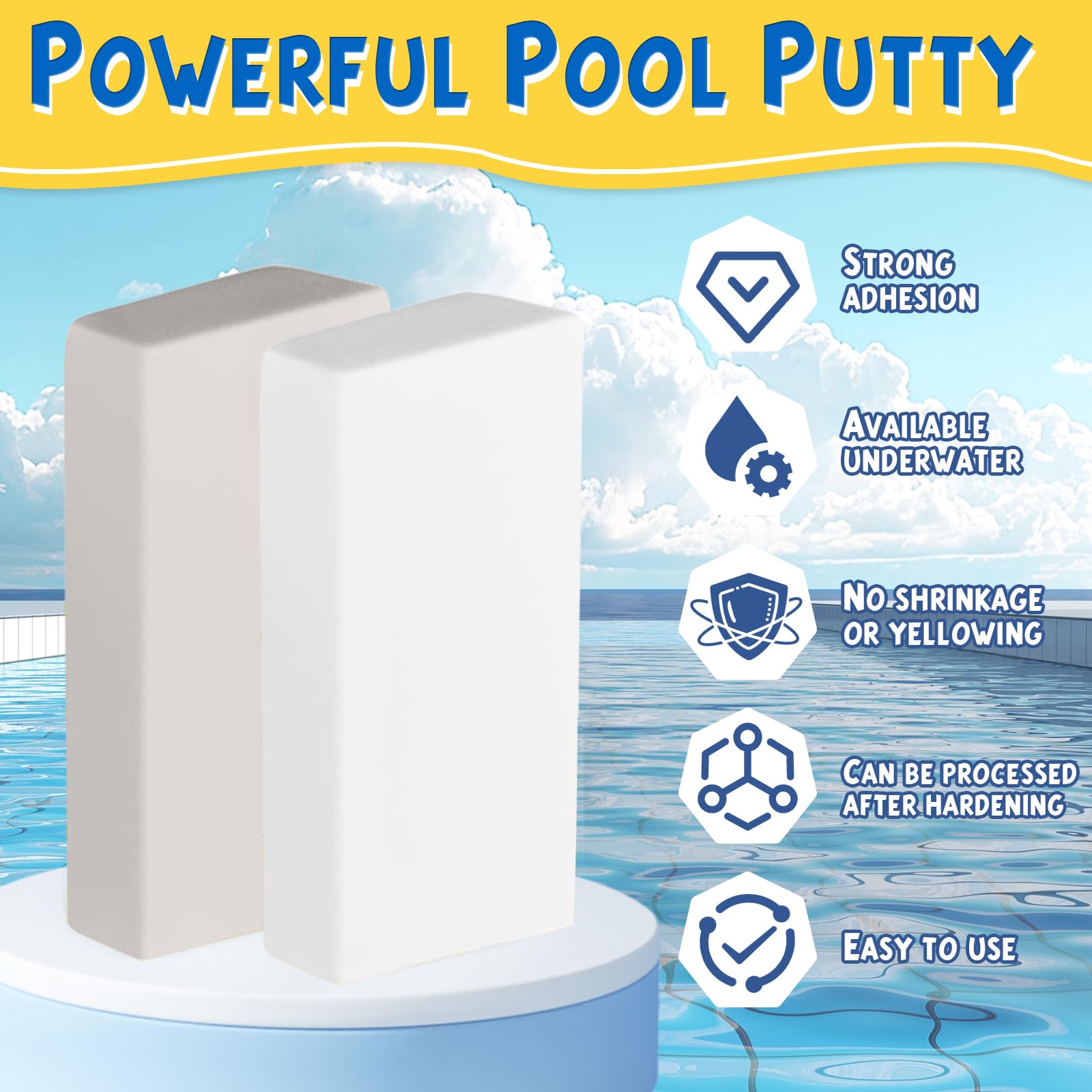 Vereclue pool putty bonds to tile, fiberglass, and concrete for lasting seals.