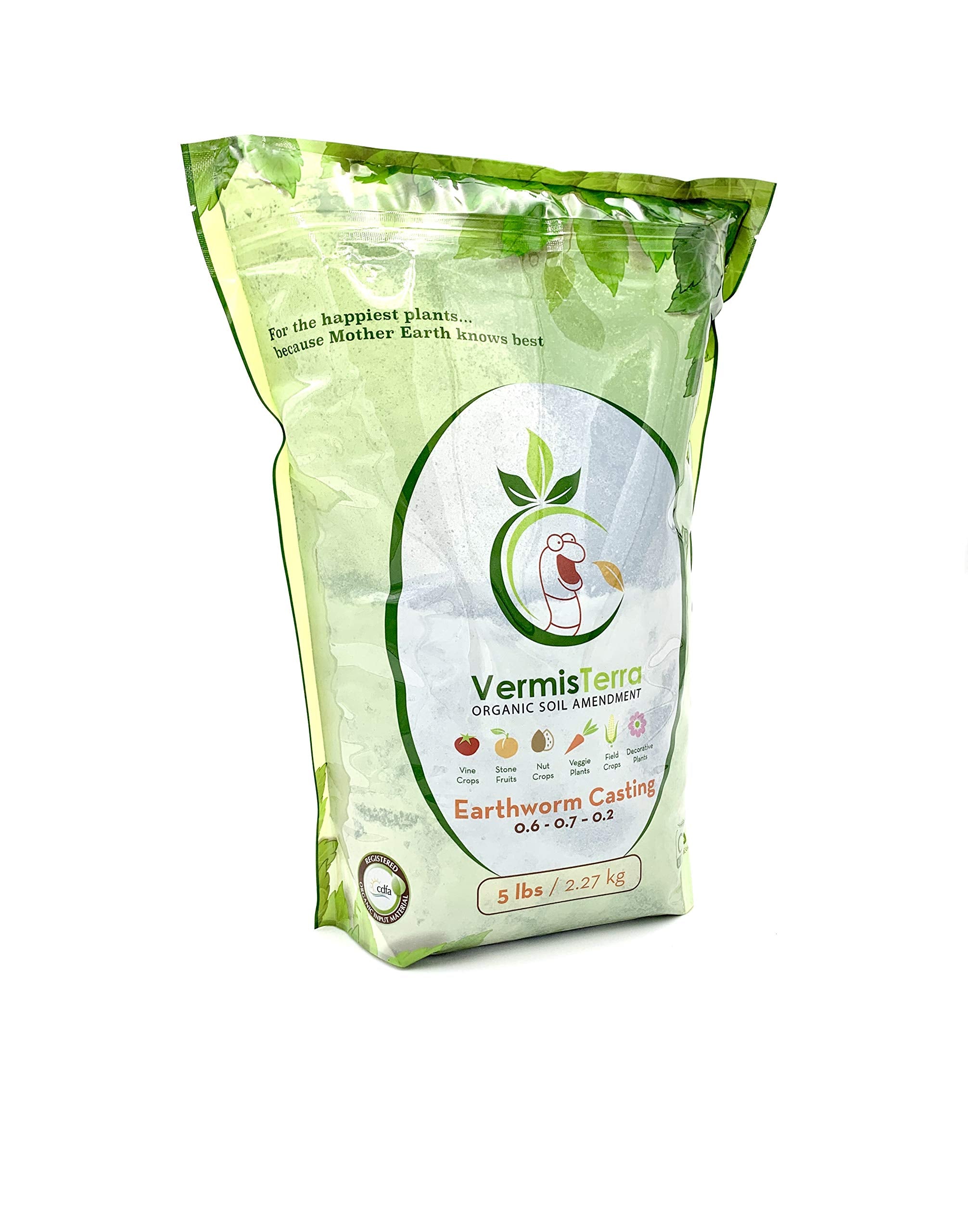 VermisTerra Earthworm Castings 5lb bag shown for soil enrichment and easy handling.