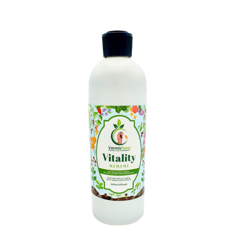 VermisTerra Vitality 16oz bottle promotes balanced nutrition for thriving plants.