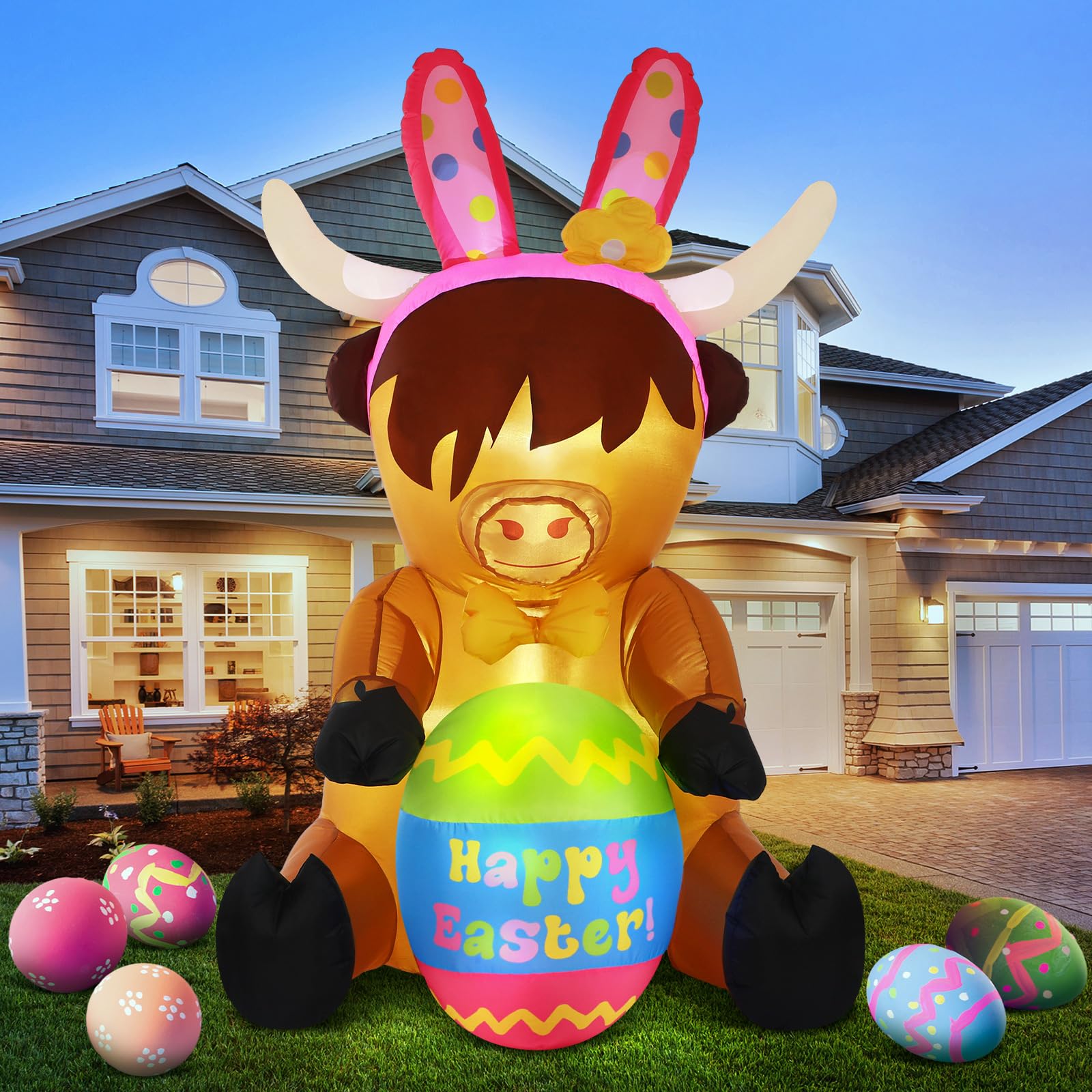 Vertintong Easter inflatable Highland cow outdoor decor with built-in lights for festive yard ambiance.