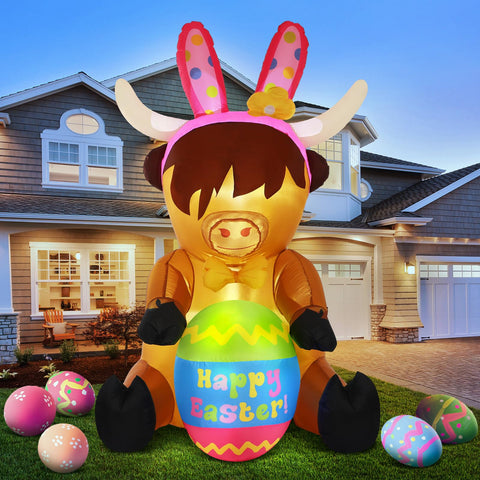 Vertintong Easter inflatable Highland cow outdoor decor with built-in lights for festive yard ambiance.