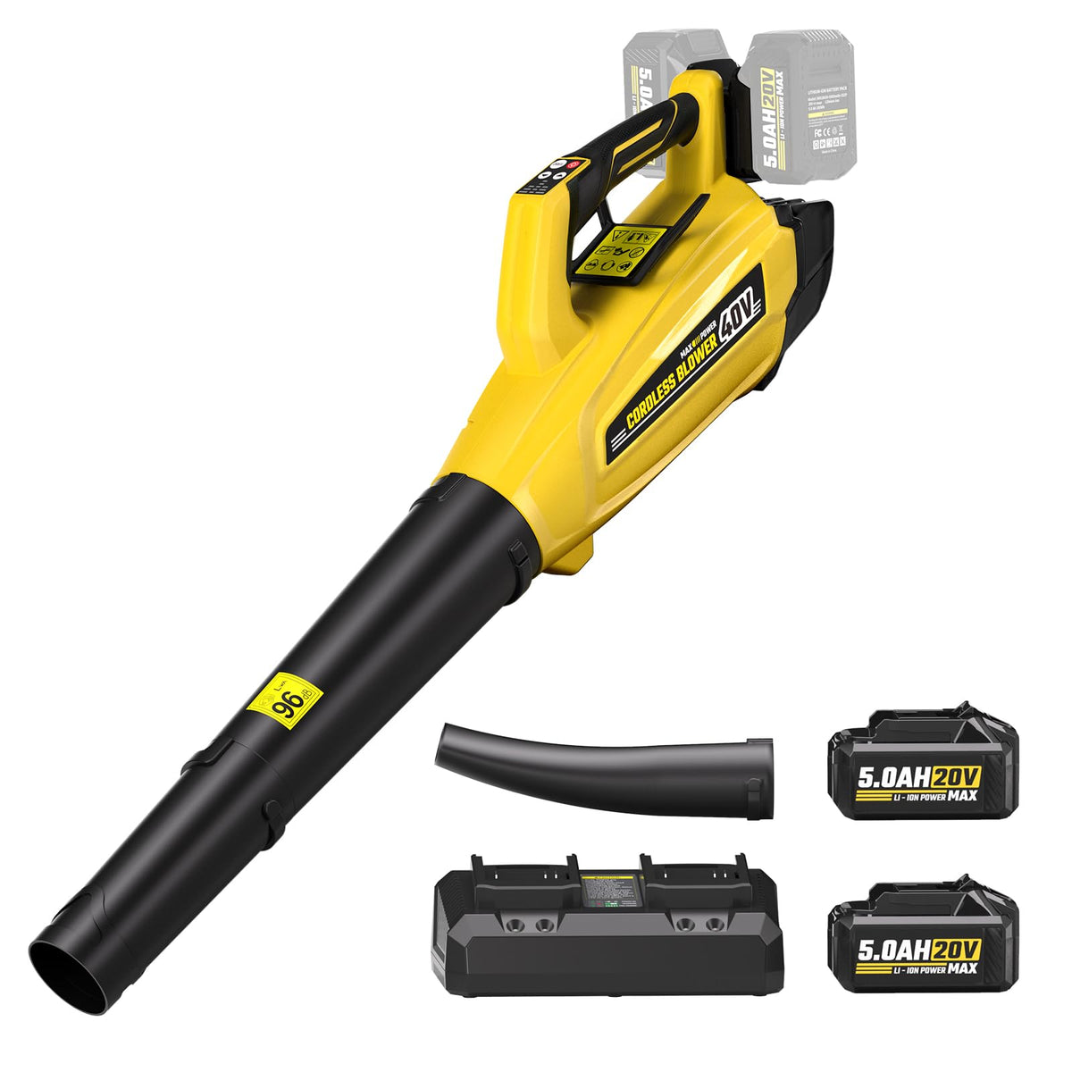 VERVEWAVE cordless blower with dual 5.0Ah batteries showing extended runtime for large yards