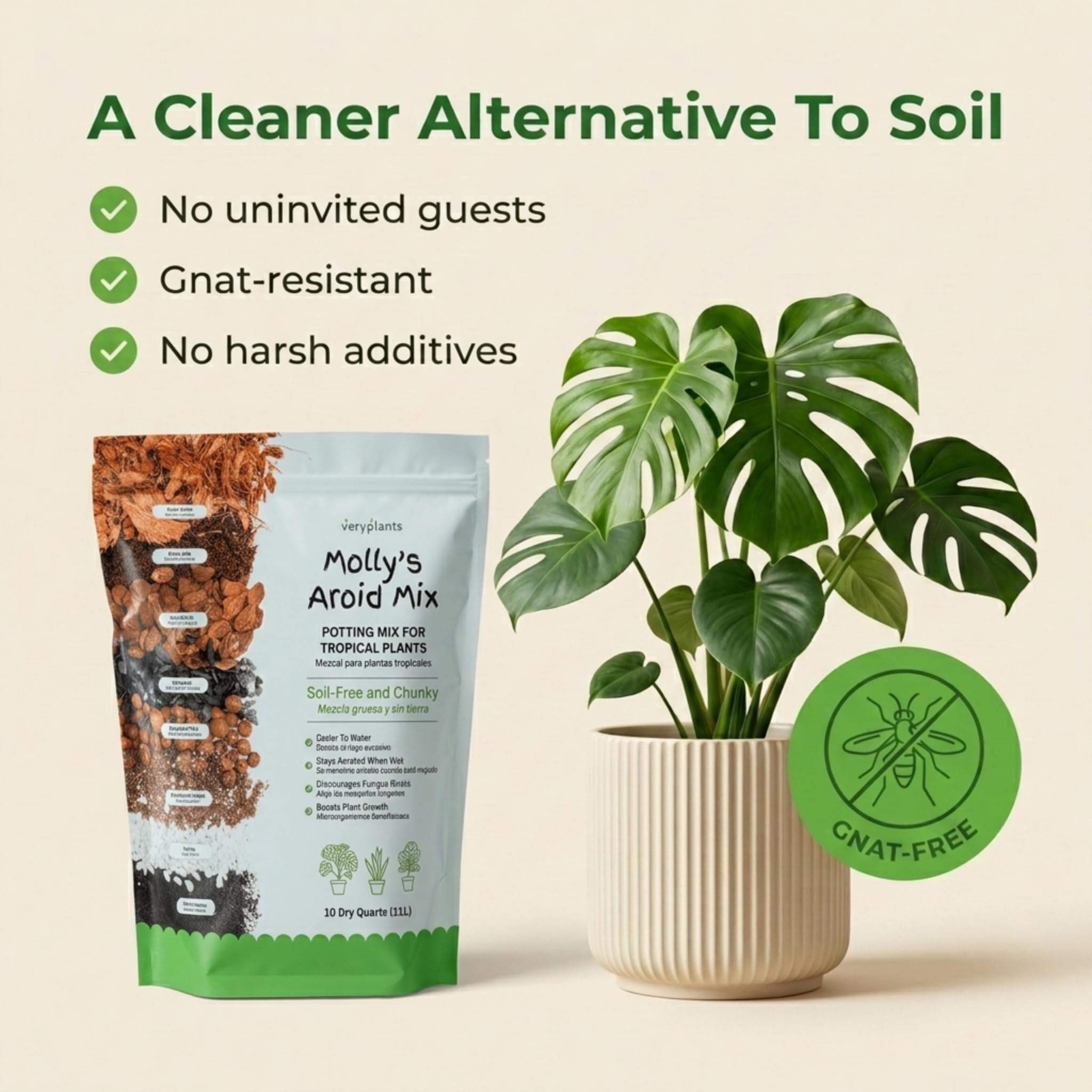 Veryplants Molly's Aroid Mix in a potting scene demonstrates cleaner, soil-free indoor gardening.