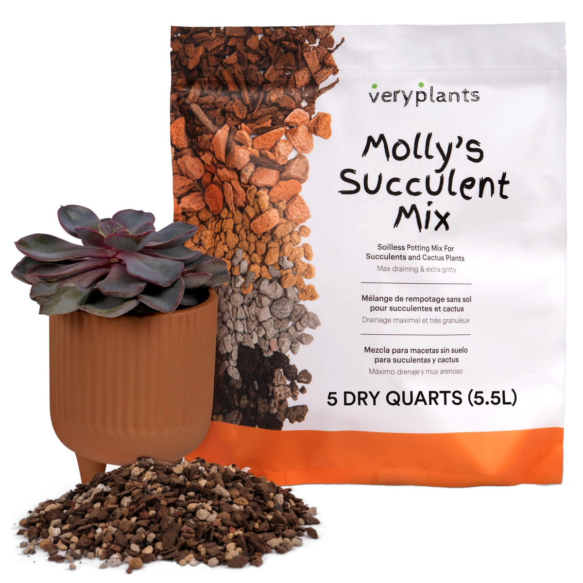 VeryPlants Molly's Succulent Mix bag front, a clean soil-free blend for tidy planters.