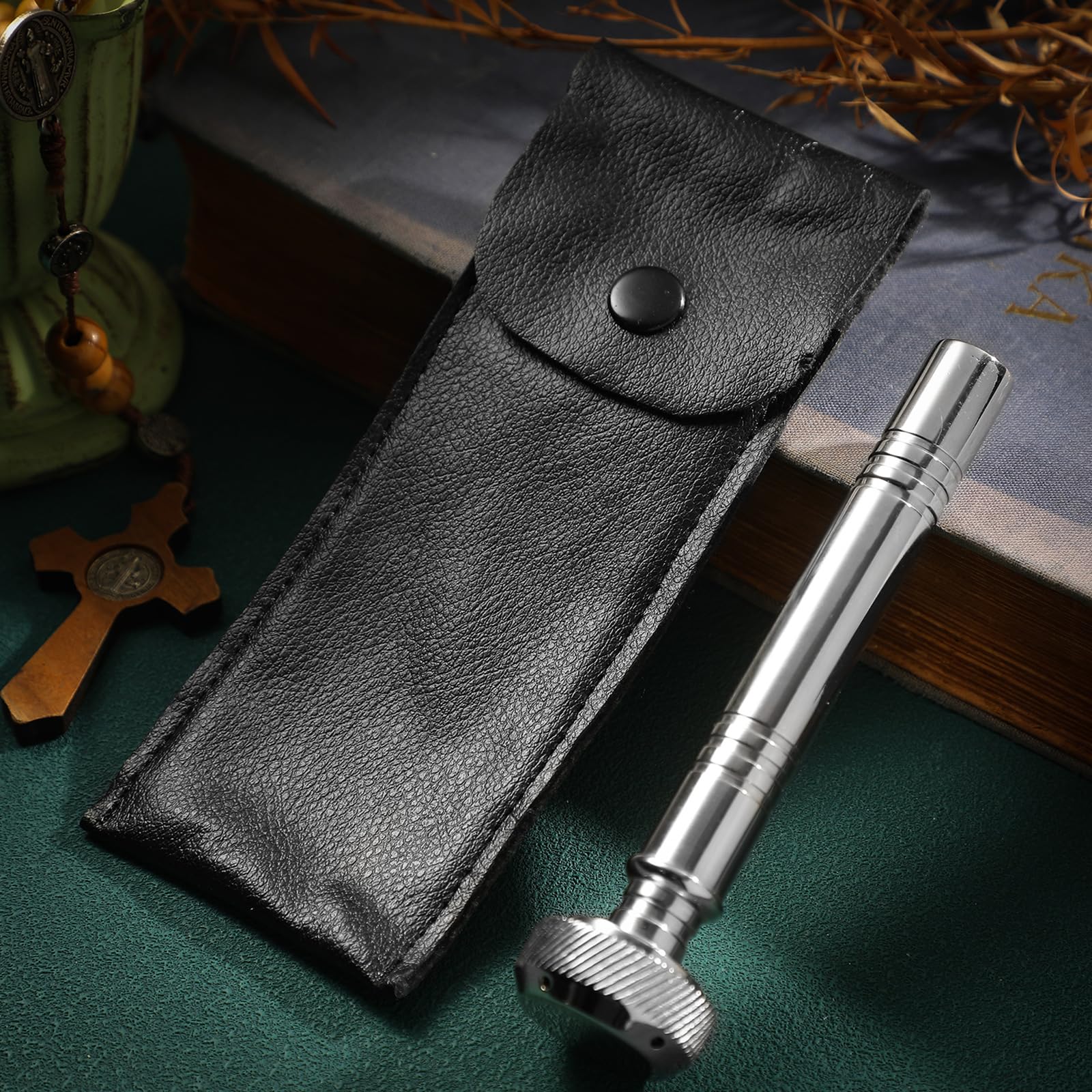 Vesici leather storage bag for holy water sprinkler keeps it ready.