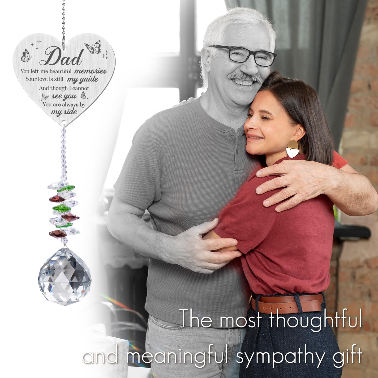 Vetbuosa dad-memory suncatcher hanging in sunlight fills space with comforting light.
