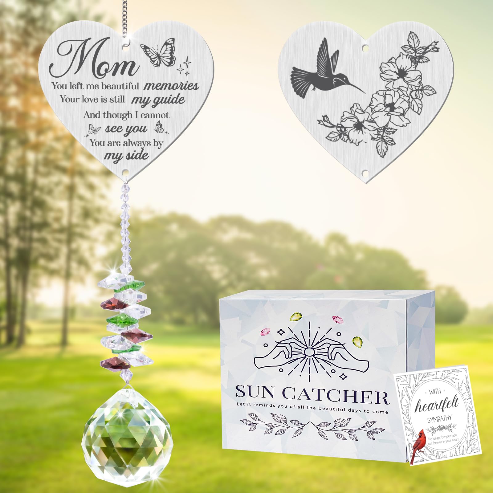 Vetbuosa Mom in Heaven memorial crystal suncatcher catches sunlight to create a vivid rainbow prism display