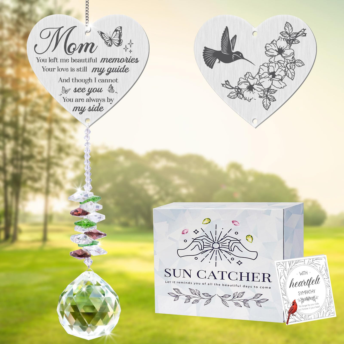 Vetbuosa Mom in Heaven memorial crystal suncatcher catches sunlight to create a vivid rainbow prism display