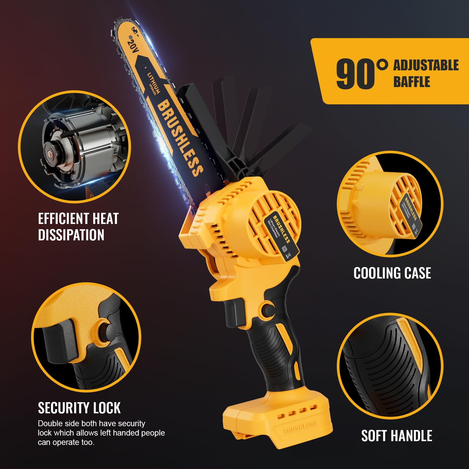 Vetoper cordless chainsaw safety features protecting hands and eyes during pruning.