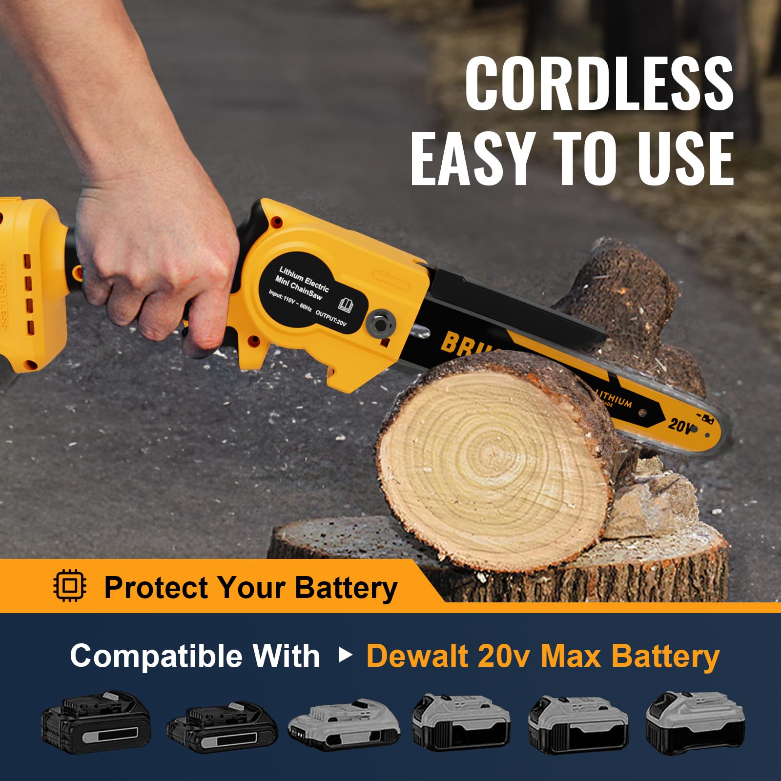 Vetoper cordless mini chainsaw showing easy one-handed use for pruning and trimming.