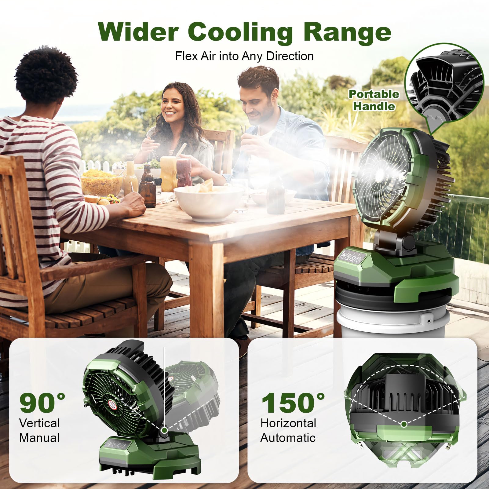 Veubew misting fan ideal for camping and garden gatherings.