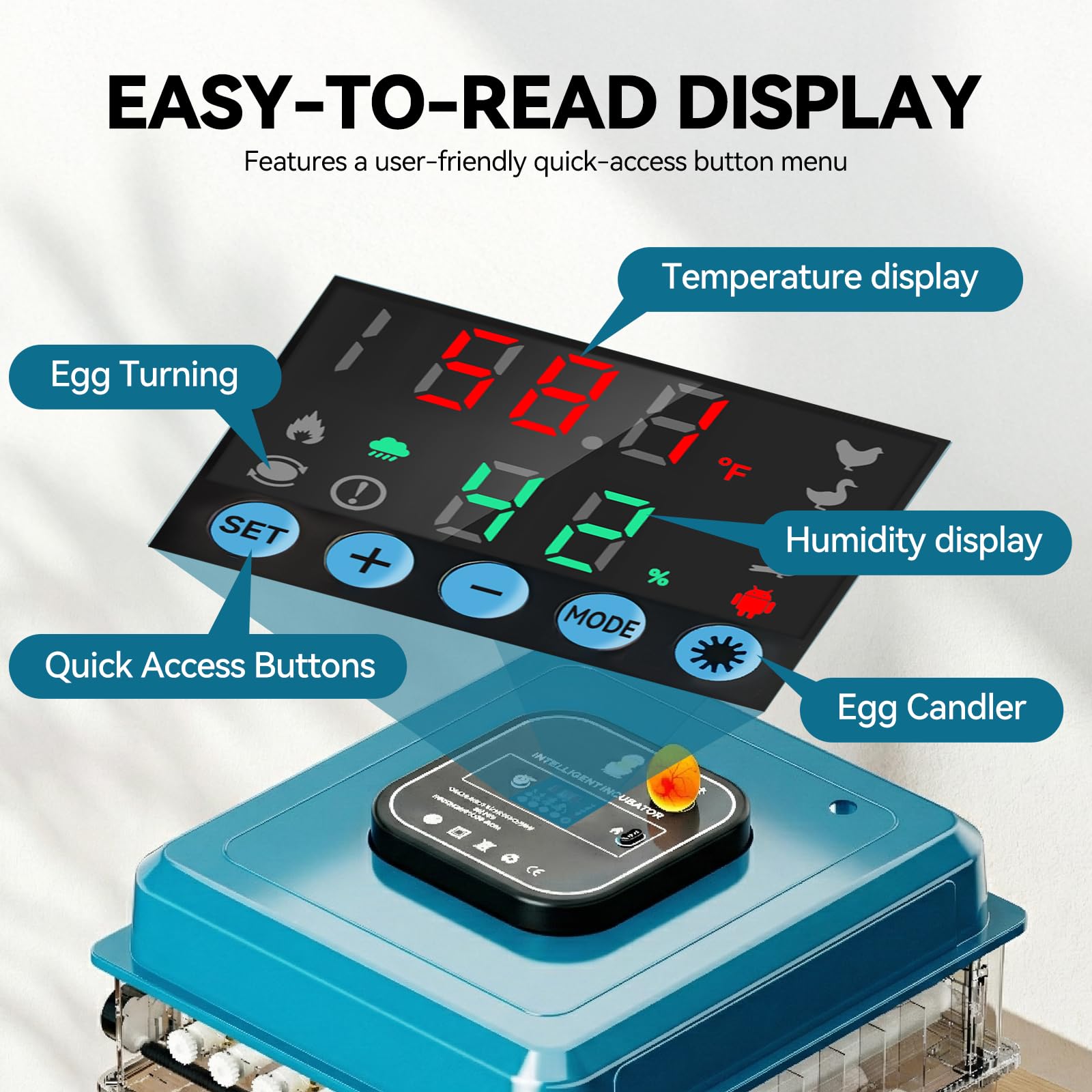 Vevitts incubator adjustable tray setup fits chicken, duck, goose, and quail eggs.