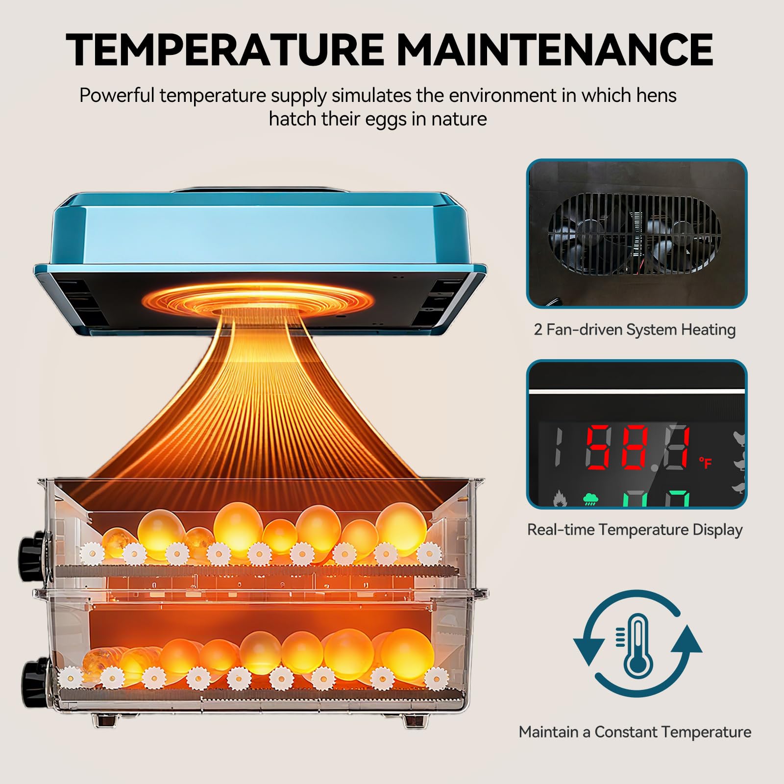 Vevitts incubator dual power supports continuous operation with backup power.