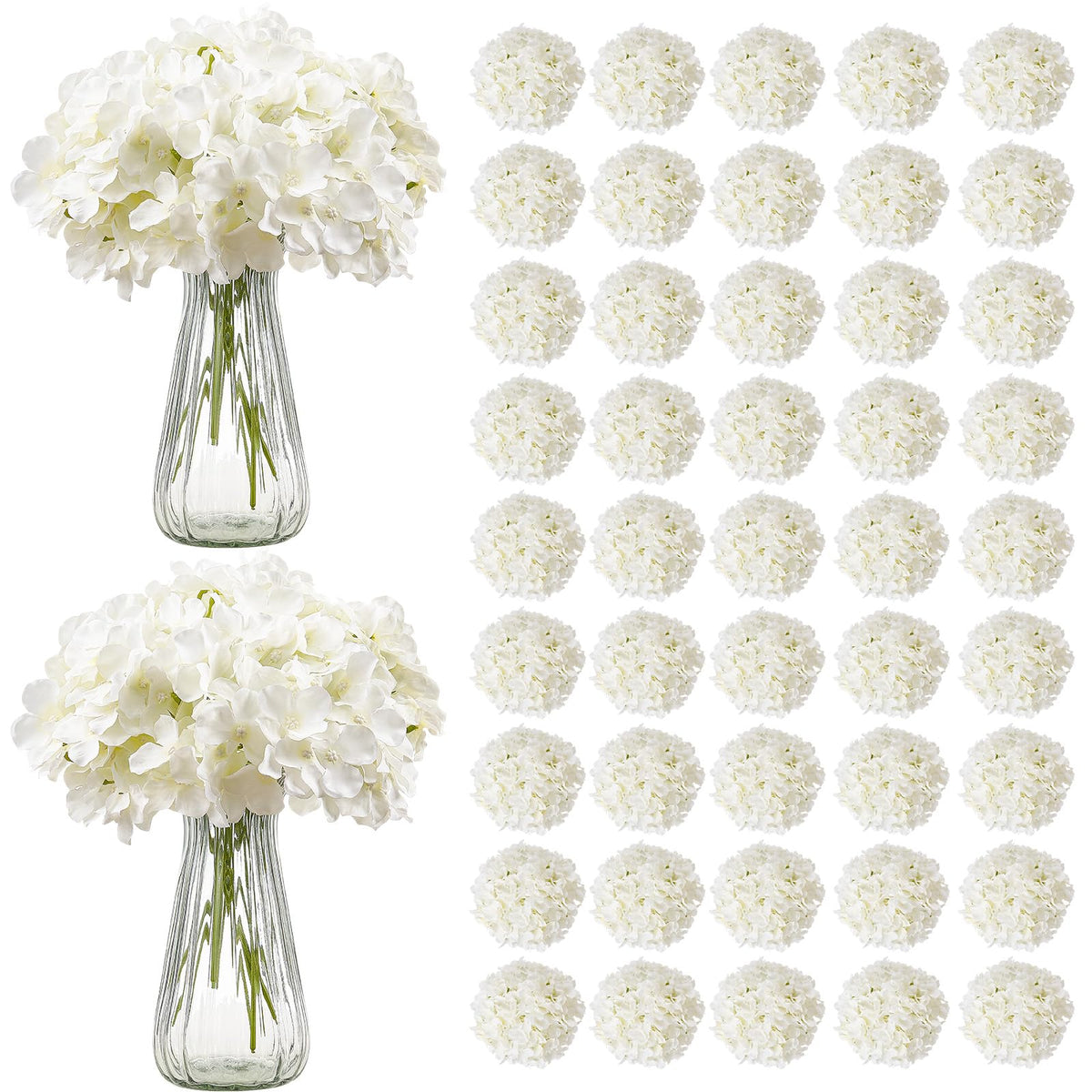 VEVOR 105-piece white silk hydrangea bulk with 27 petals for long-lasting centerpieces.