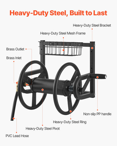 125 ft 5/8 inch hose capacity demonstrated on the VEVOR reel