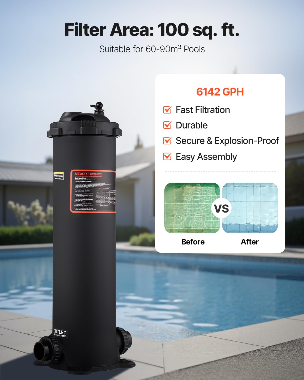 VEVOR 2026 Pro pool filter side view highlighting a durable shell for outdoor use.