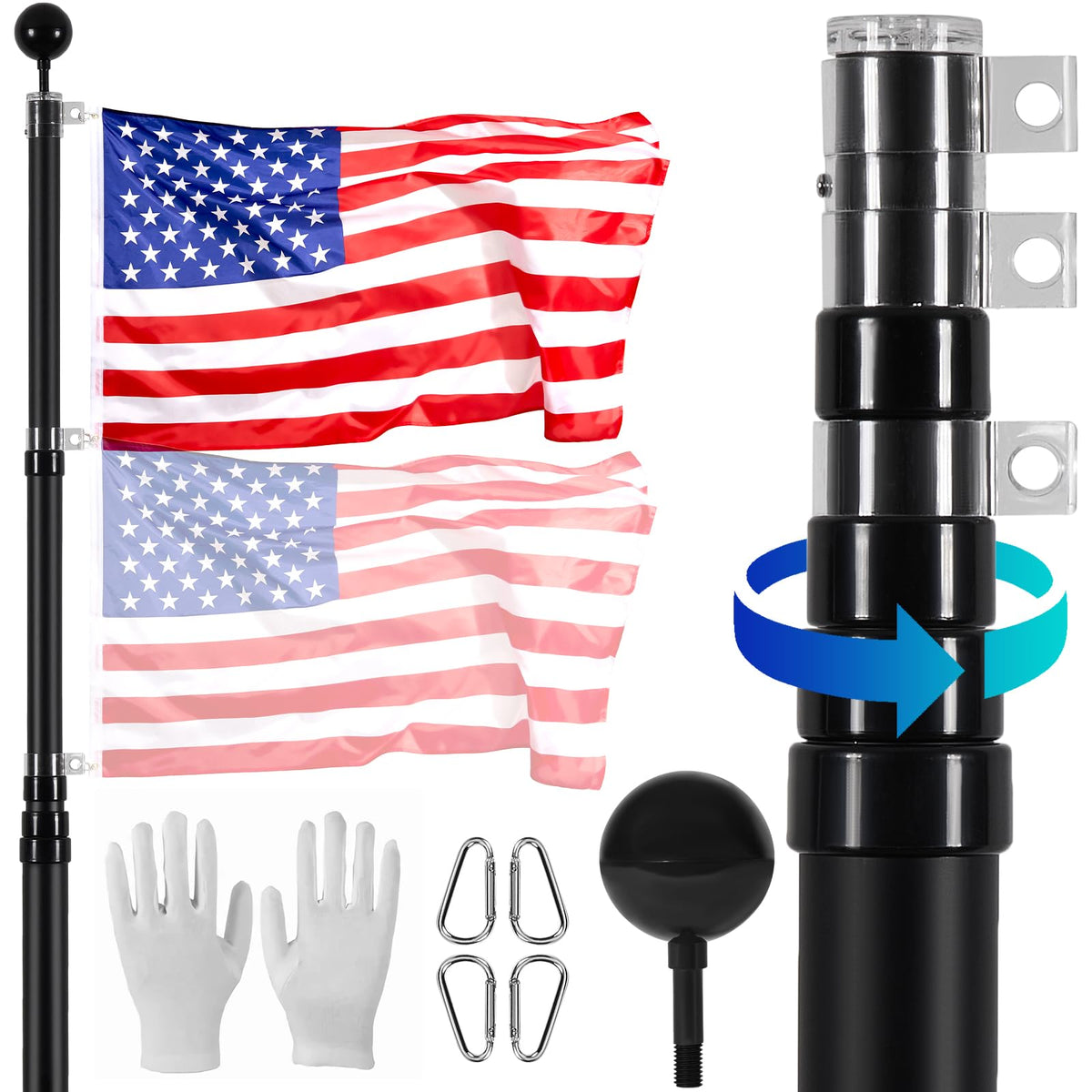 VEVOR 20ft telescoping flag pole kit in black for durable outdoor display.