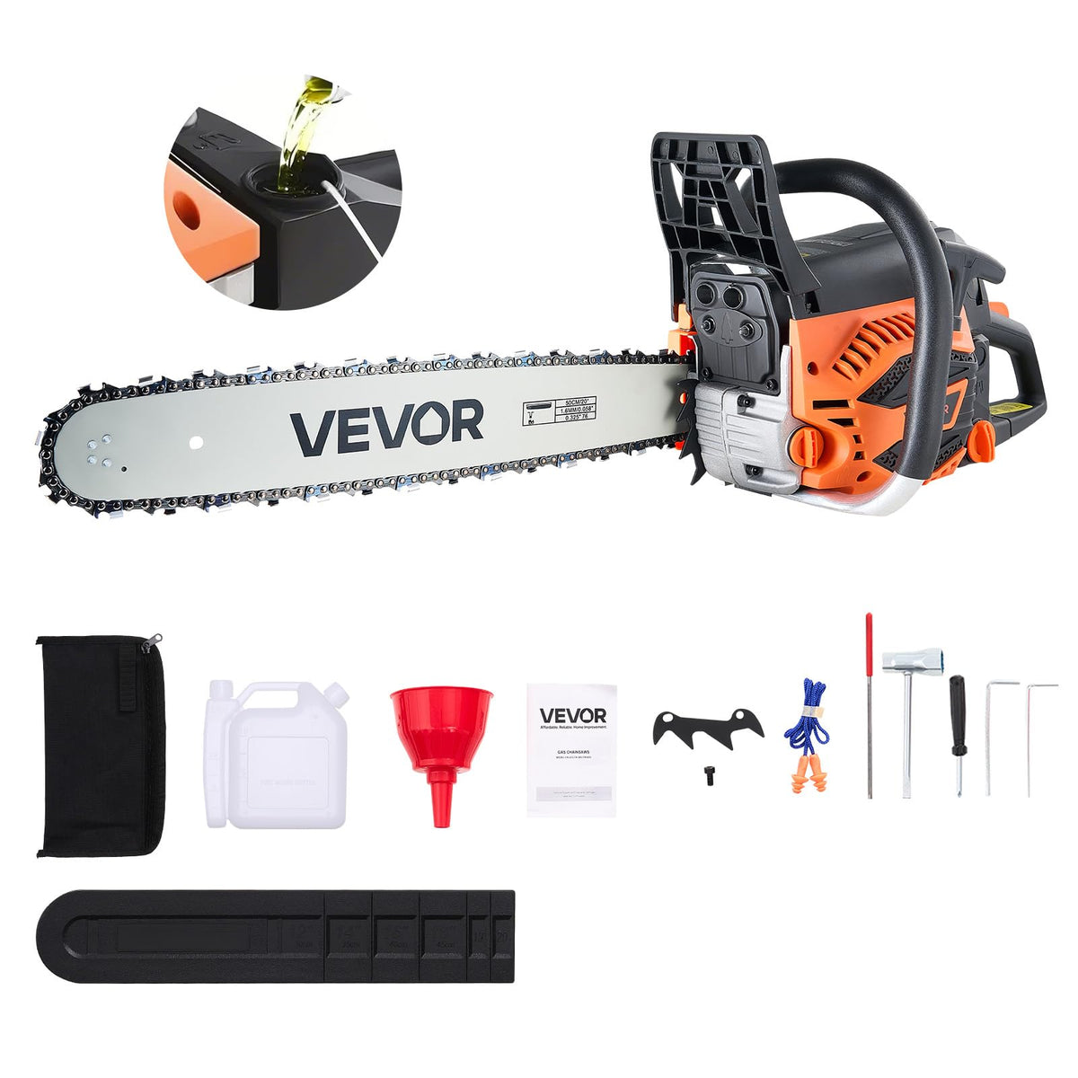 VEVOR 20-inch chainsaw front view for powerful wood cutting tasks.