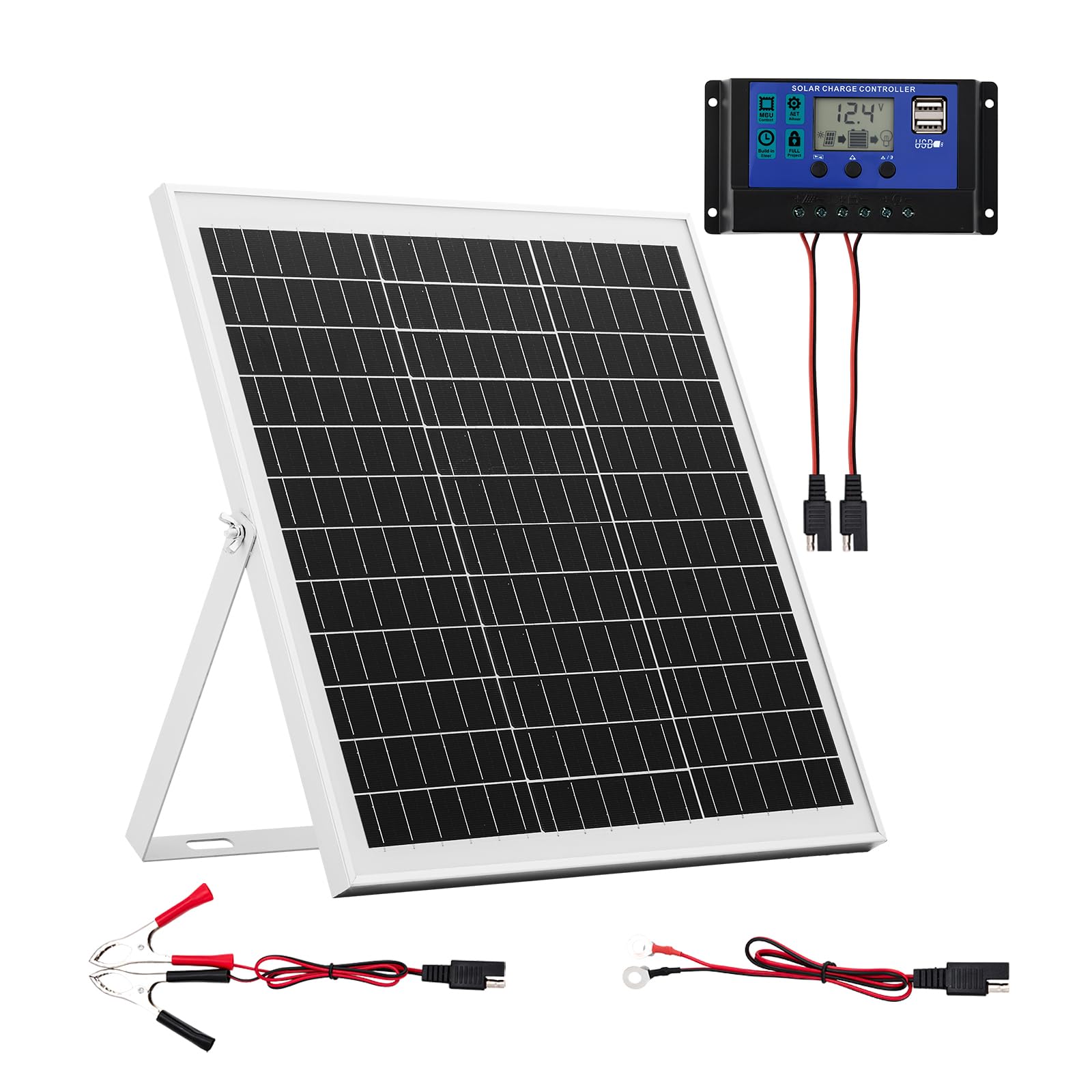 VEVOR 20W 12V solar panel charger powering a battery outdoors for reliable charging