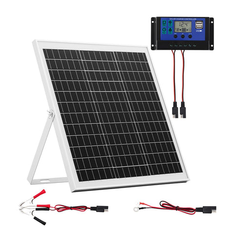 VEVOR 20W 12V solar panel charger powering a battery outdoors for reliable charging