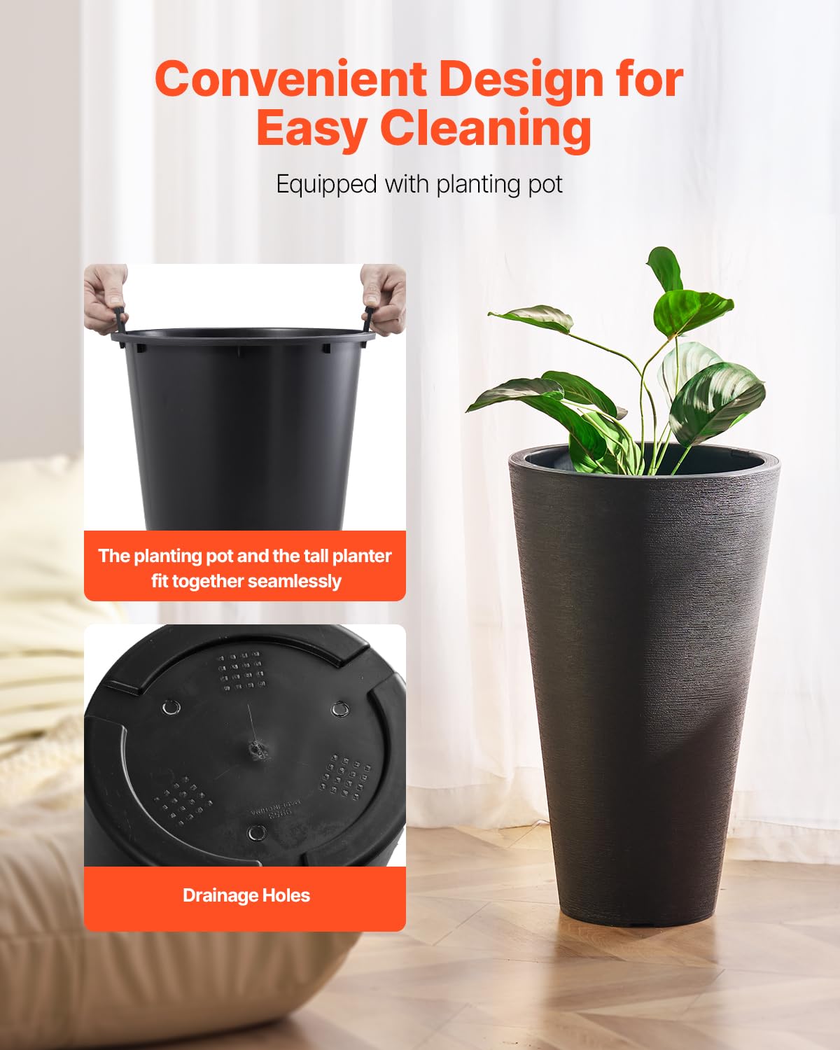 VEVOR 24in tall planter side profile complements modern and rustic spaces