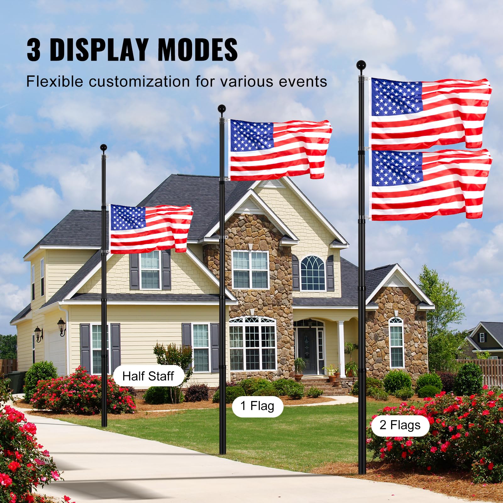 VEVOR 3-display mode flag pole for 1, 2, or half-staff setups.