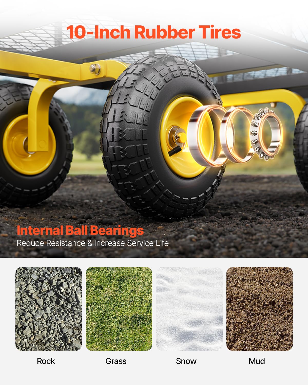 VEVOR 360-degree rotating wheels enable smooth movement on grass, mud, and gravel