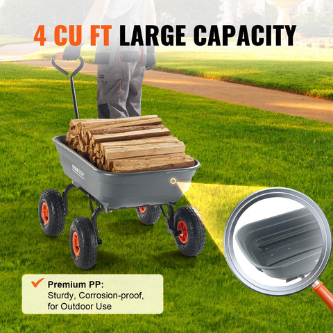 VEVOR 4 cu ft dump cart with 10inch all-terrain wheels on varied terrain