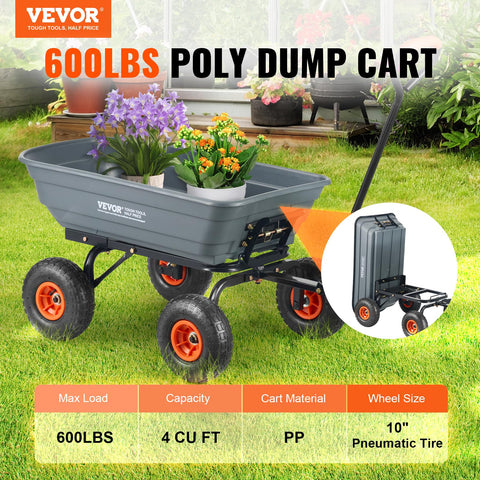 VEVOR 4 cu ft dump cart side view highlighting quick release for easy unloading