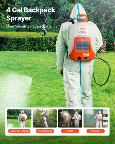 VEVOR 4-gallon electric backpack sprayer in use for garden spraying.