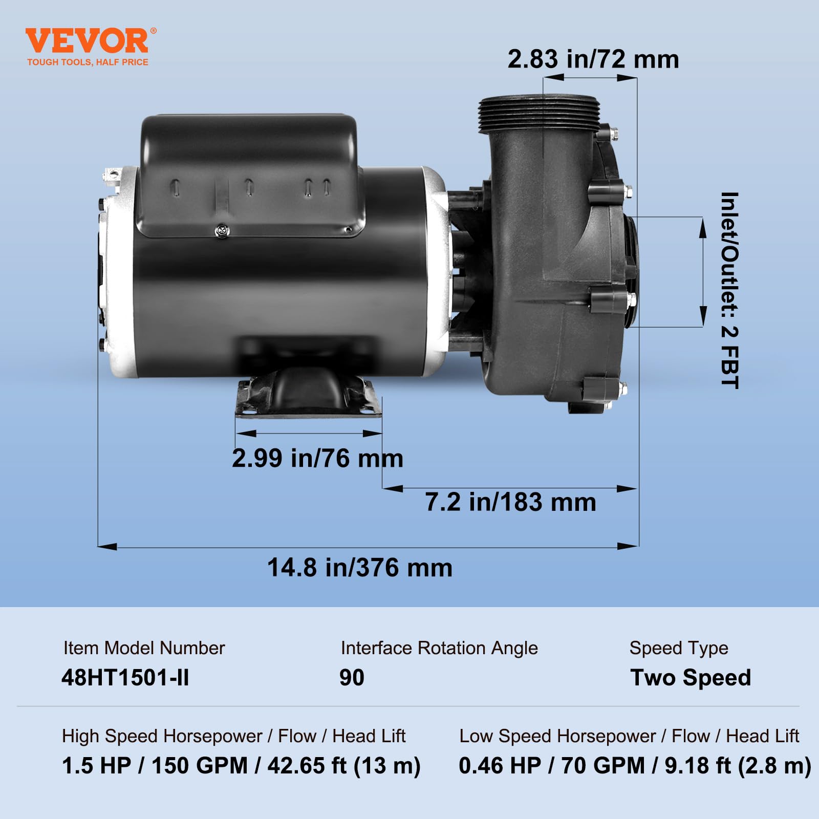 VEVOR 48-frame motor with copper windings ensures reliability.