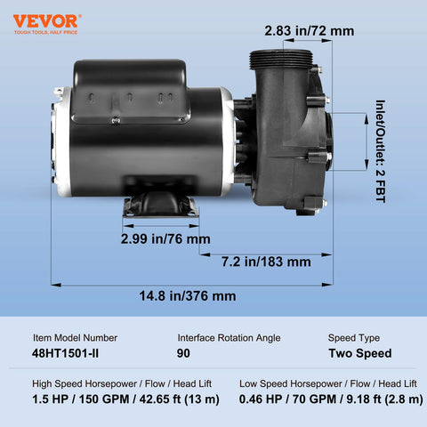 VEVOR 48-frame motor with copper windings ensures reliability.