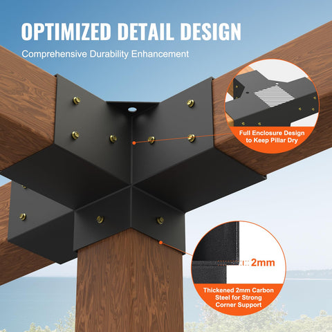 VEVOR 4x4 pergola bracket detailed close-up shows 2mm carbon steel.