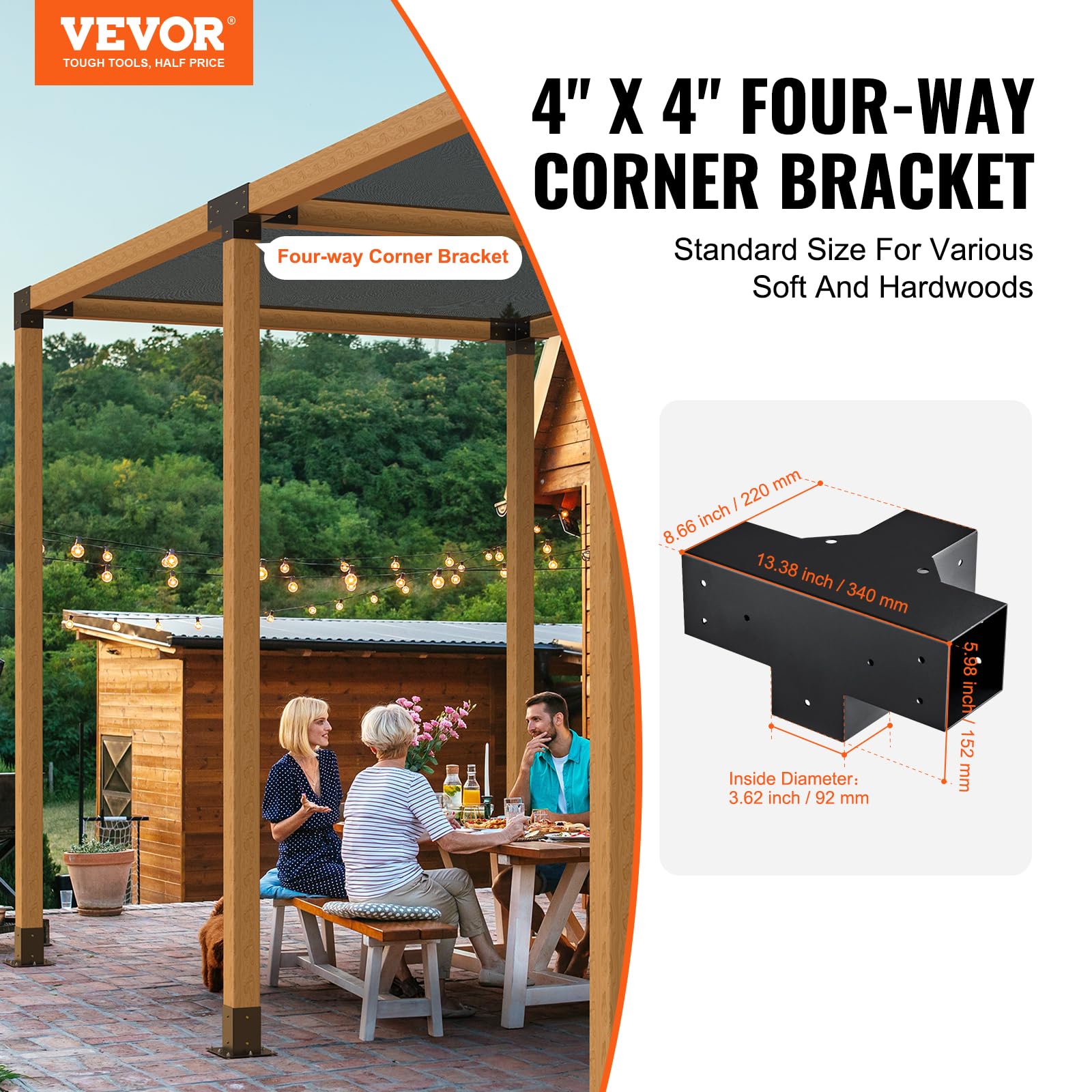 VEVOR 4x4 pergola bracket front view highlighting robust corner connection.