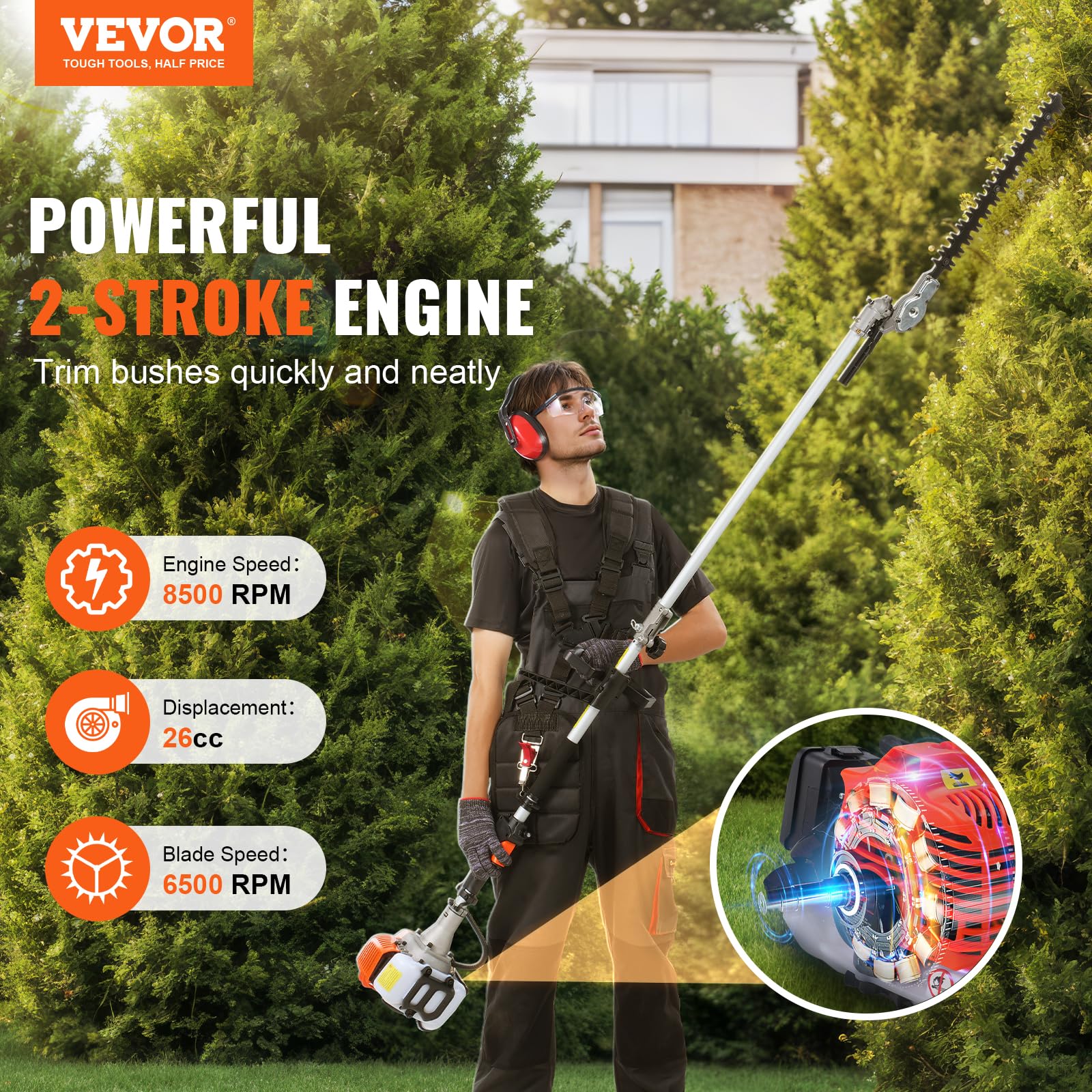 VEVOR 5-in-1 26cc pole saw attachment reaching high branches.