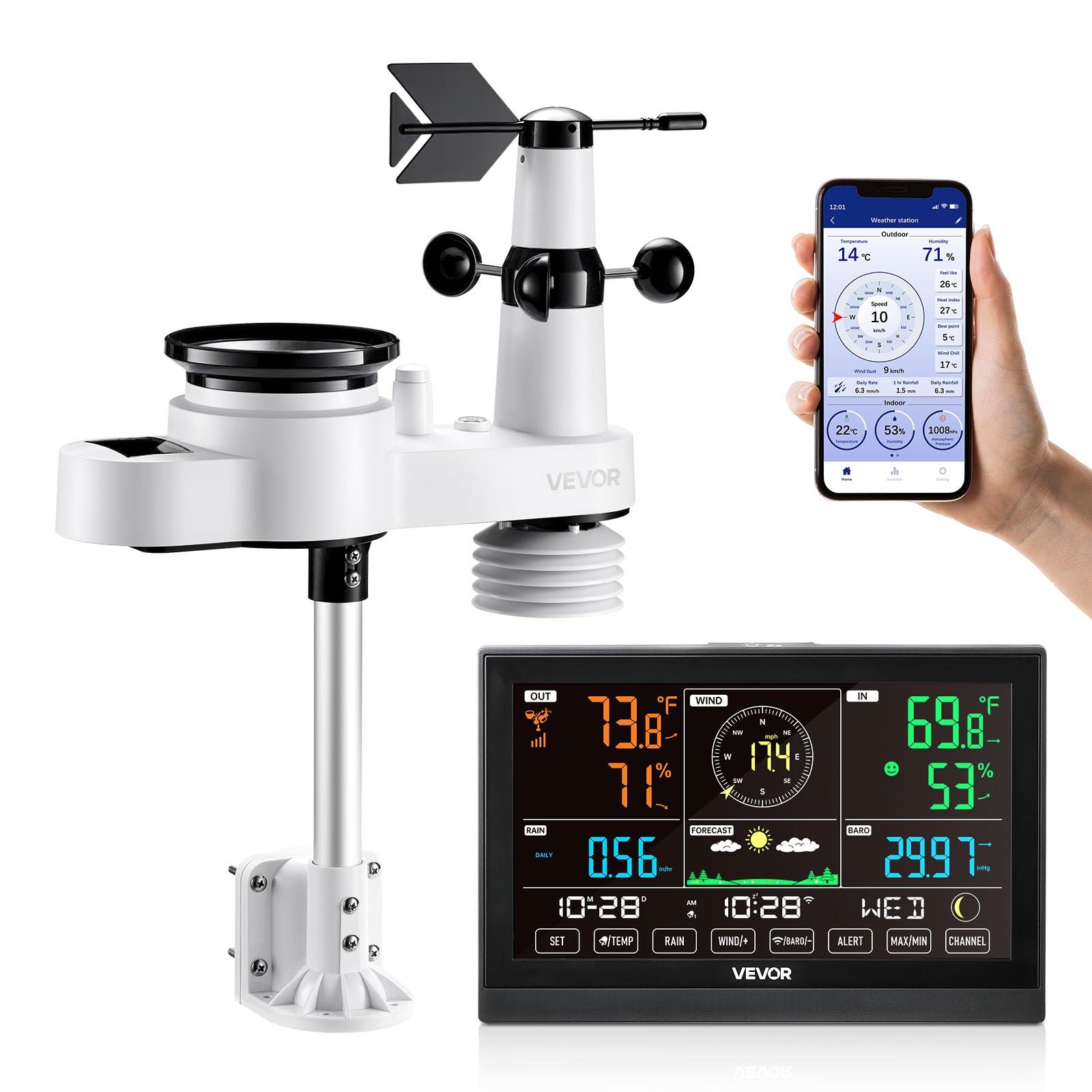 VEVOR 5-in-1 weather station 7.5-inch display provides at-a-glance weather data for daily planning.