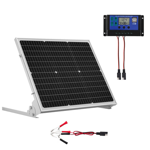 VEVOR 50W 12V solar panel top view highlighting high-efficiency mono cells for rapid charging