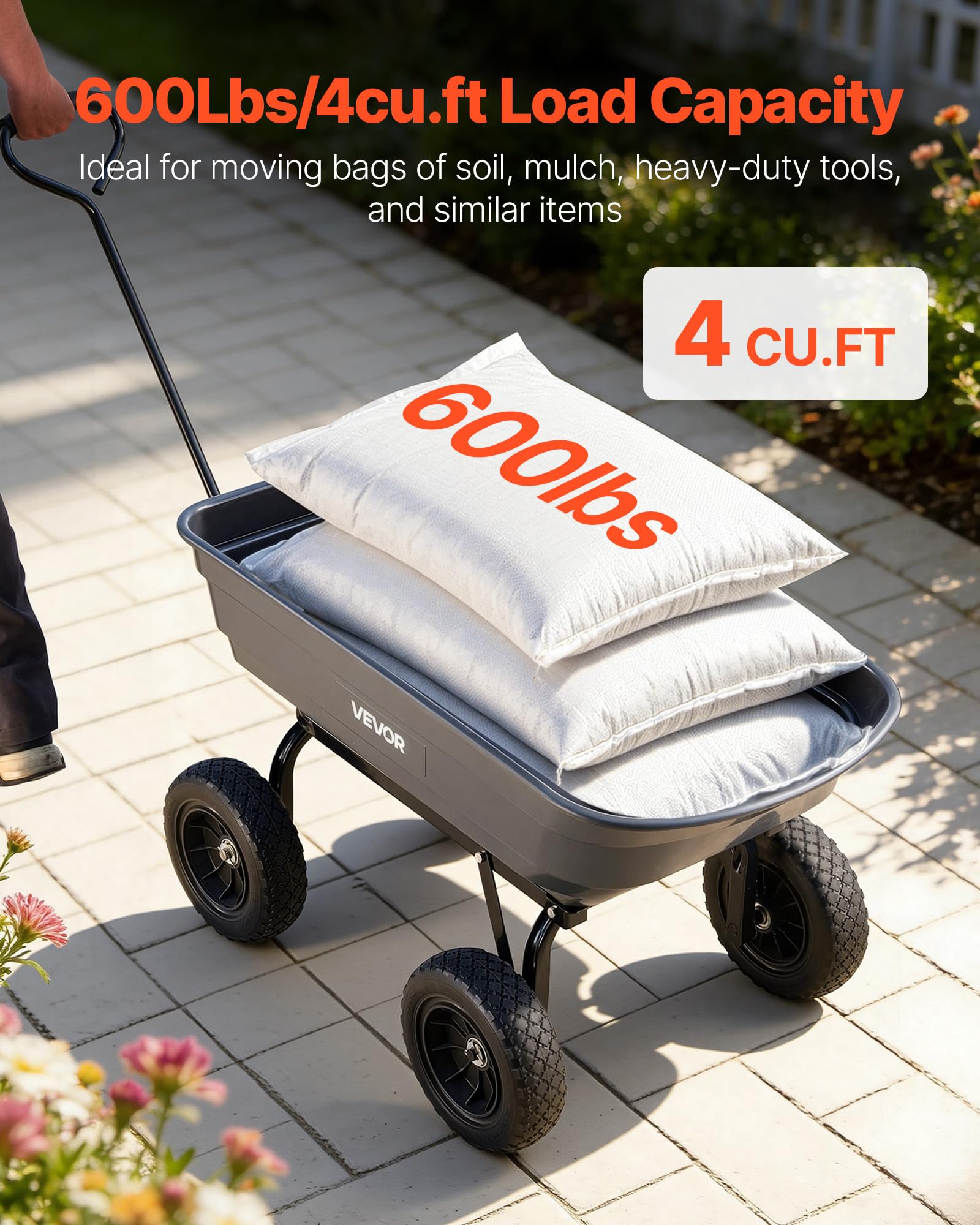 VEVOR garden cart showing 600-lb payload capability for heavy loads