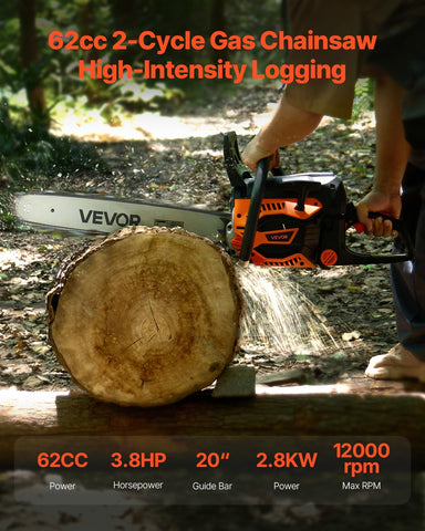 VEVOR 62cc chainsaw side view highlighting robust engine for demanding work.